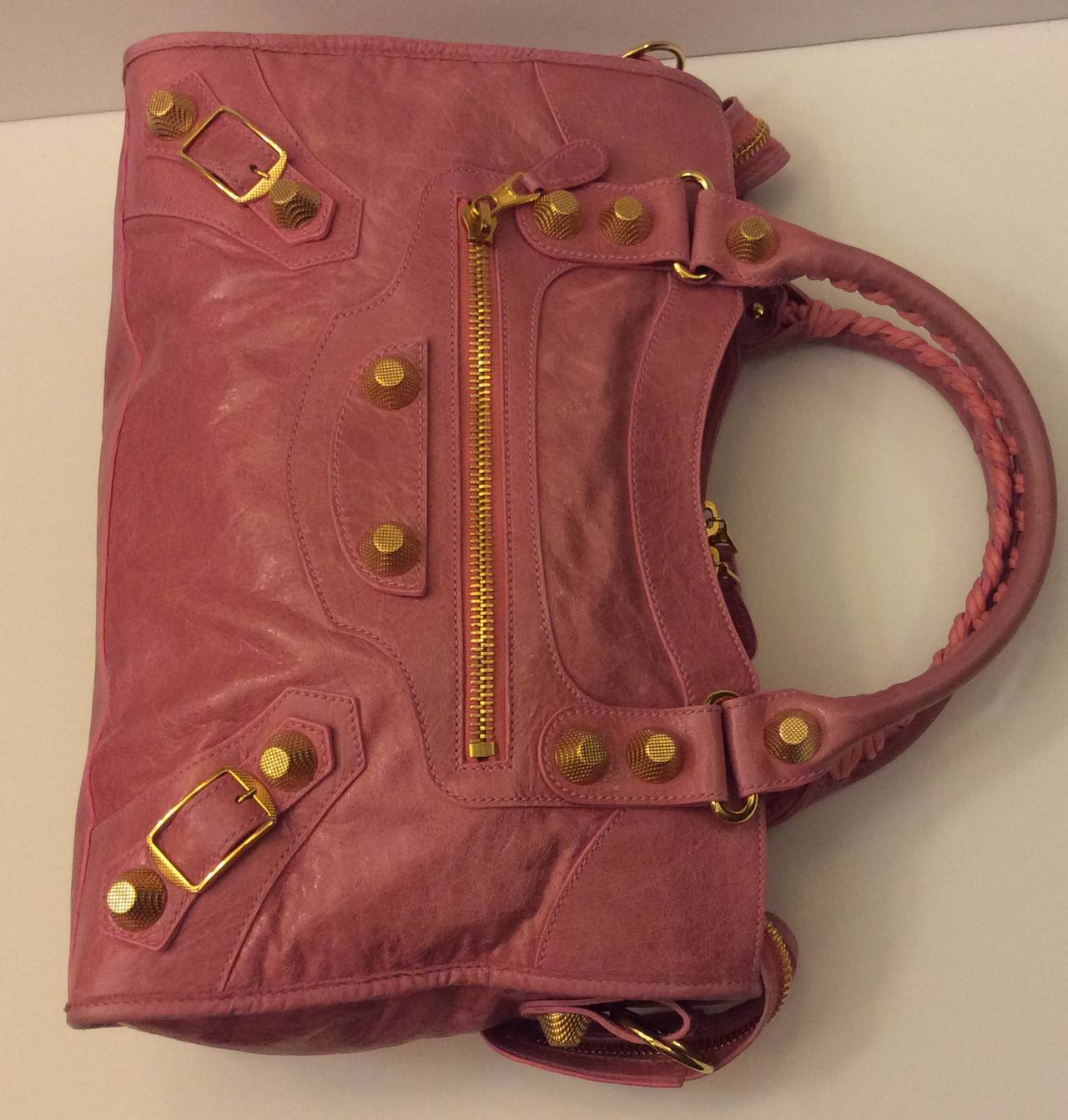 Brown Balenciaga Pink Giant 12 Gold Stud City Handbag For Sale