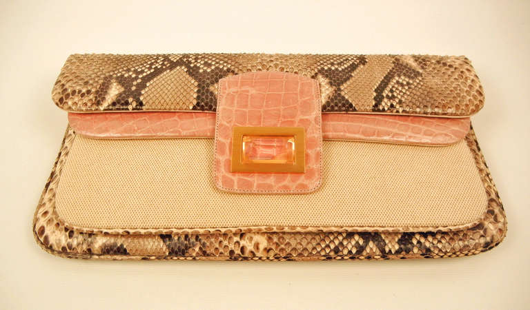 Kara Ross Python and Pink Glazed Crocodile Shoulder Bag/Clutch In New Condition In Lake Park, FL