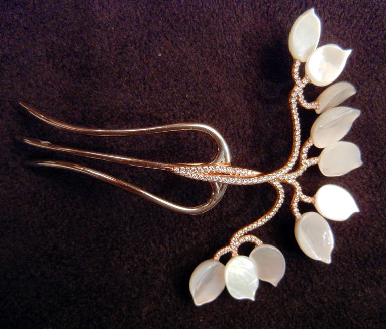 Women's Rose and White Gold Hair Comb Diamond Accents with Mother of Pearl Leaves