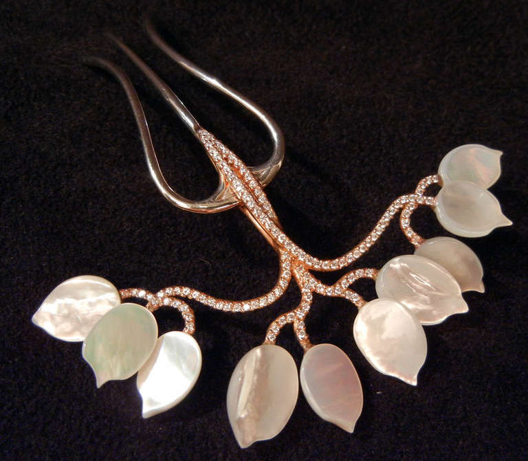 Rose and White Gold Hair Comb Diamond Accents with Mother of Pearl Leaves 1