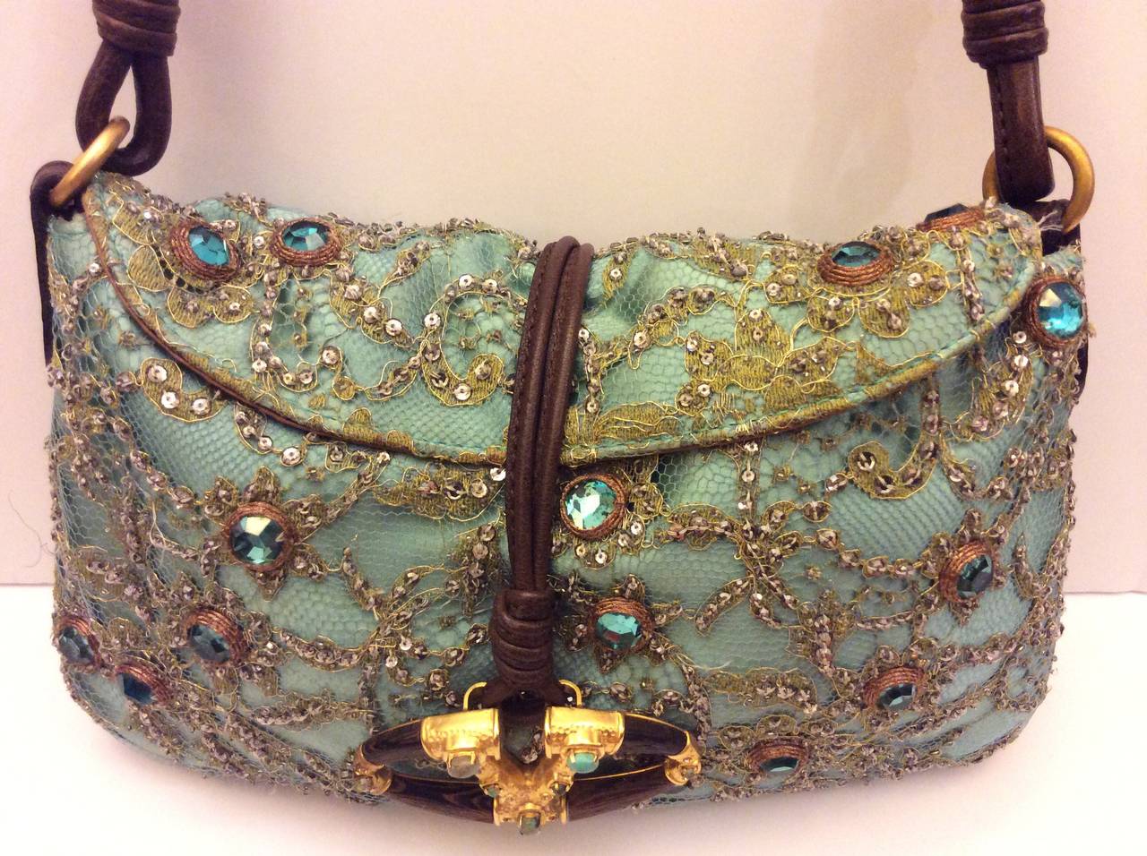 Brown Valentino Garavani Rare Sequins & Crystal Embellished Silk Lace Evening Handbag For Sale