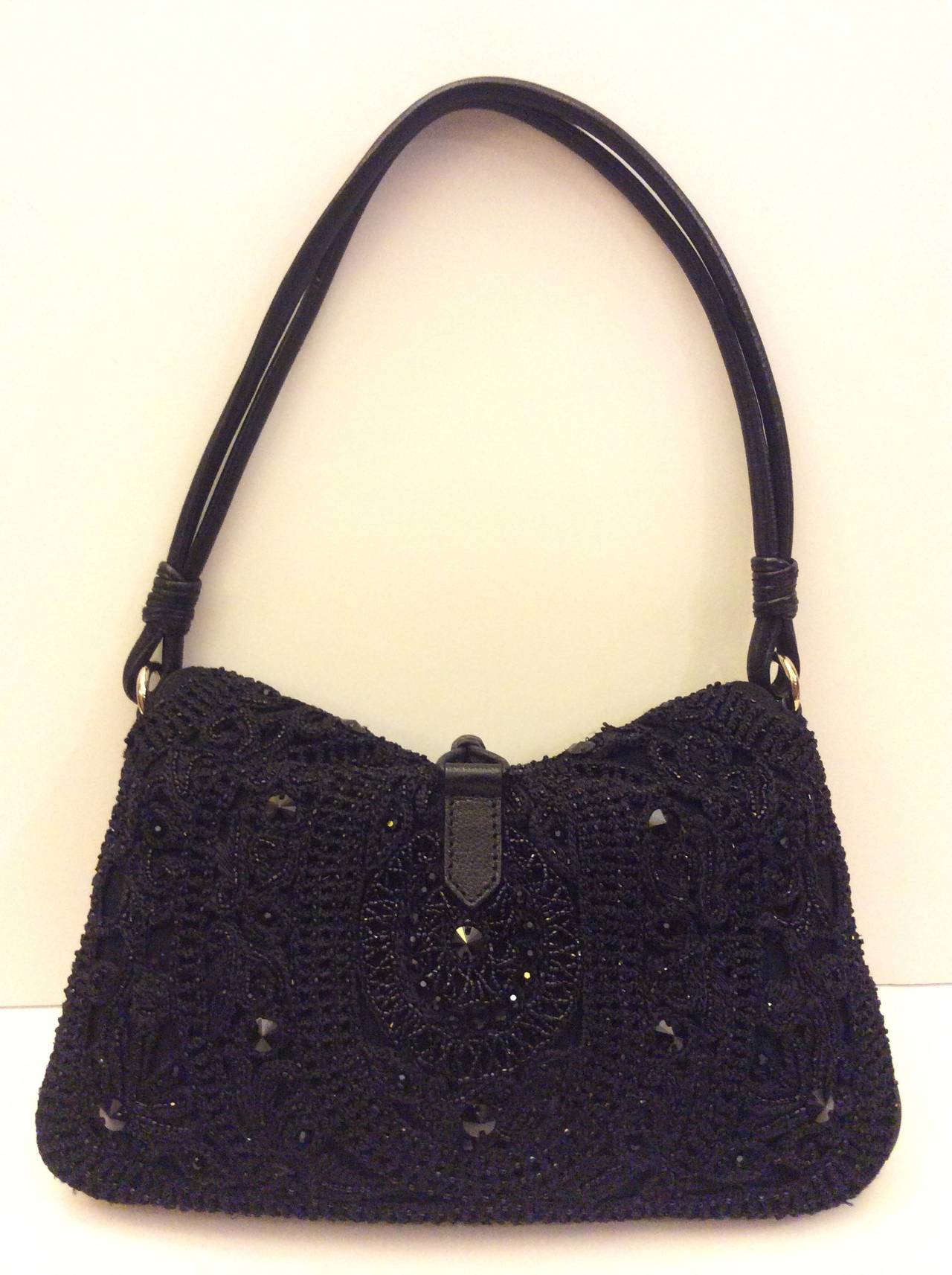 Valentino Garavani Black Silk Crochet Beaded & Crystal Stunning Evening Handbag In Excellent Condition For Sale In Lake Park, FL