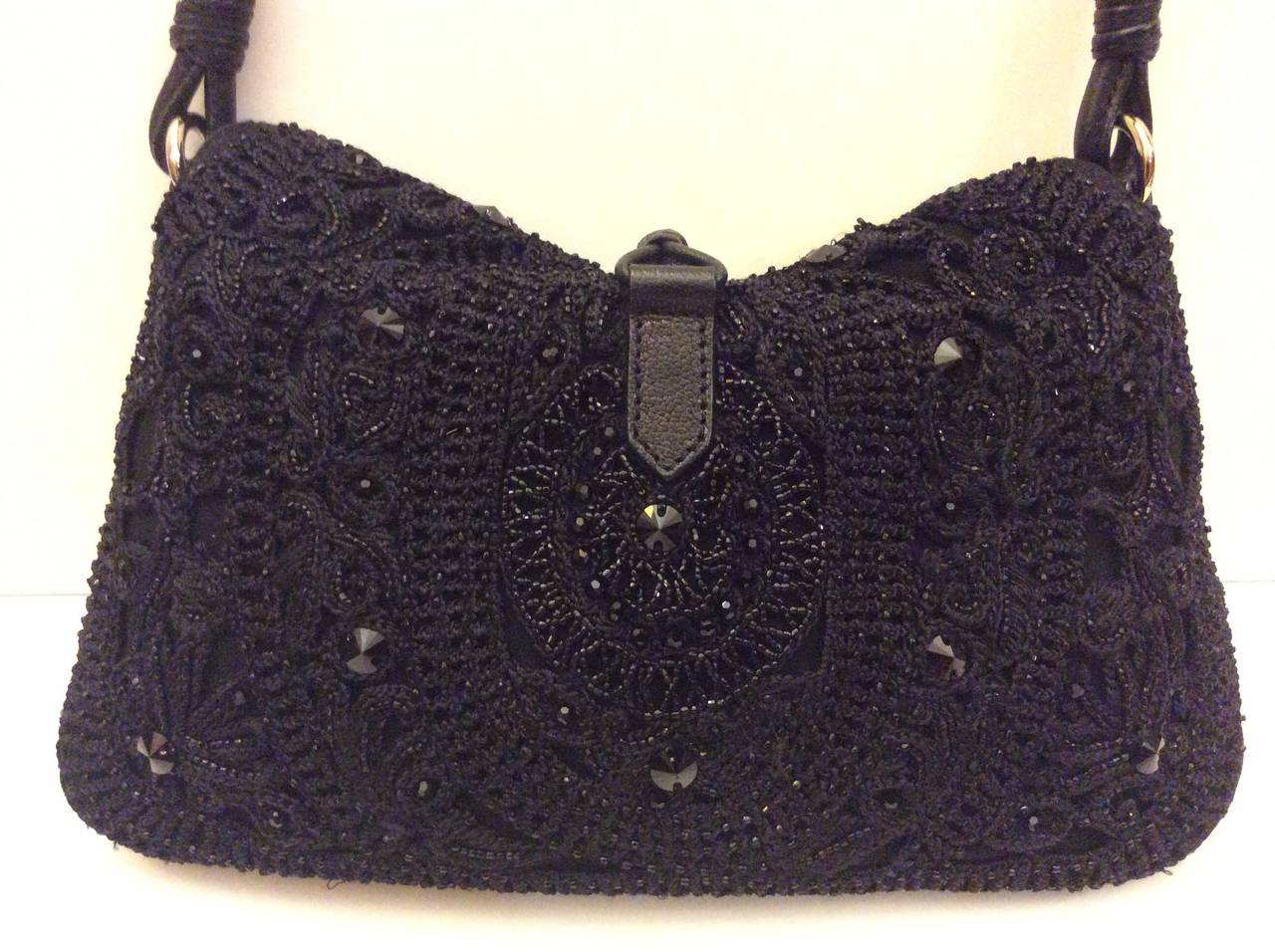 Women's Valentino Garavani Black Silk Crochet Beaded & Crystal Stunning Evening Handbag For Sale