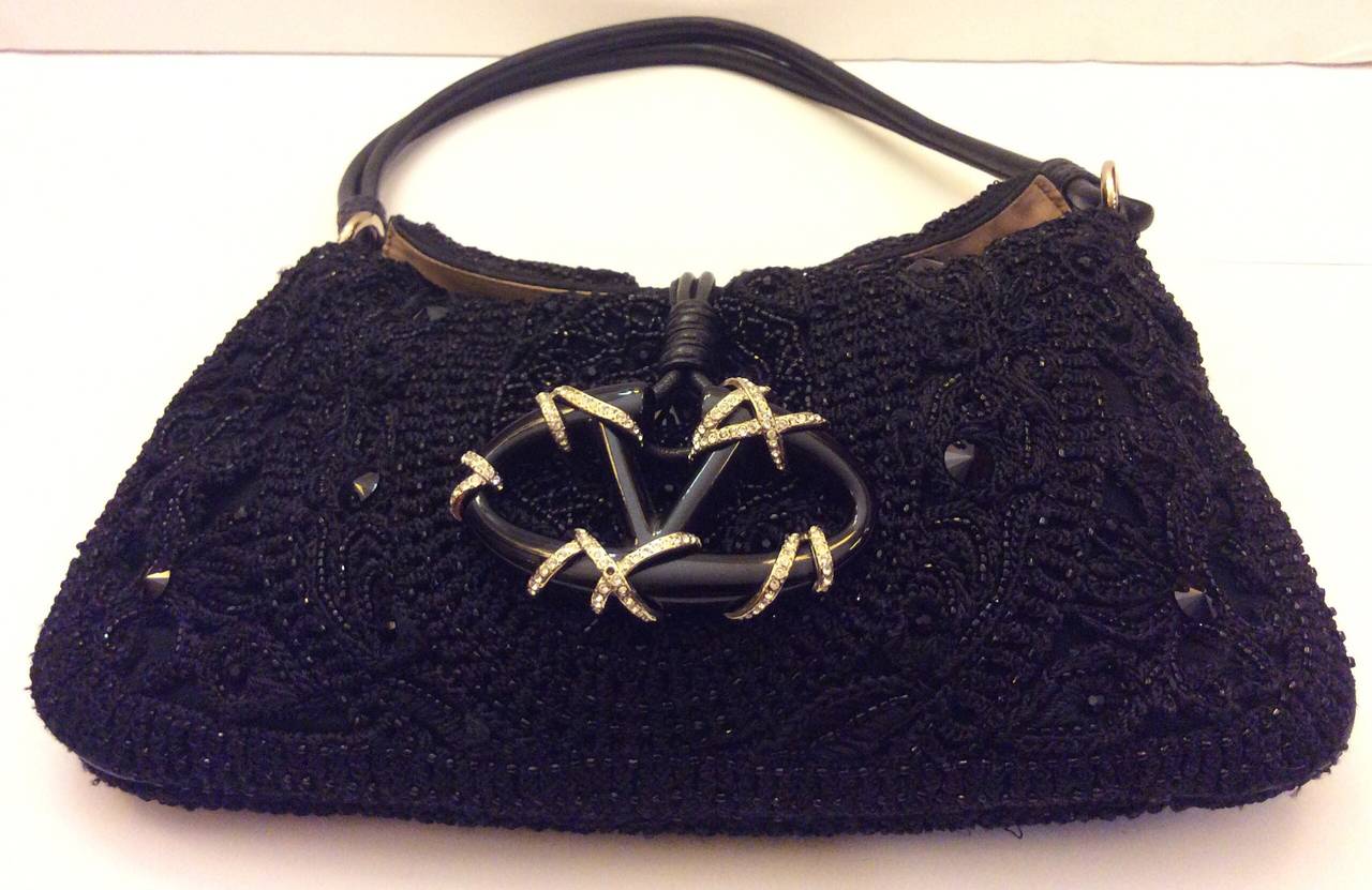 Valentino Garavani Black Silk Crochet Beaded & Crystal Stunning Evening Handbag For Sale 1