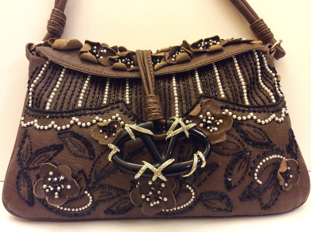 Black Valentino Garavani Brown Leather Pearl & Beaded Evening Handbag For Sale