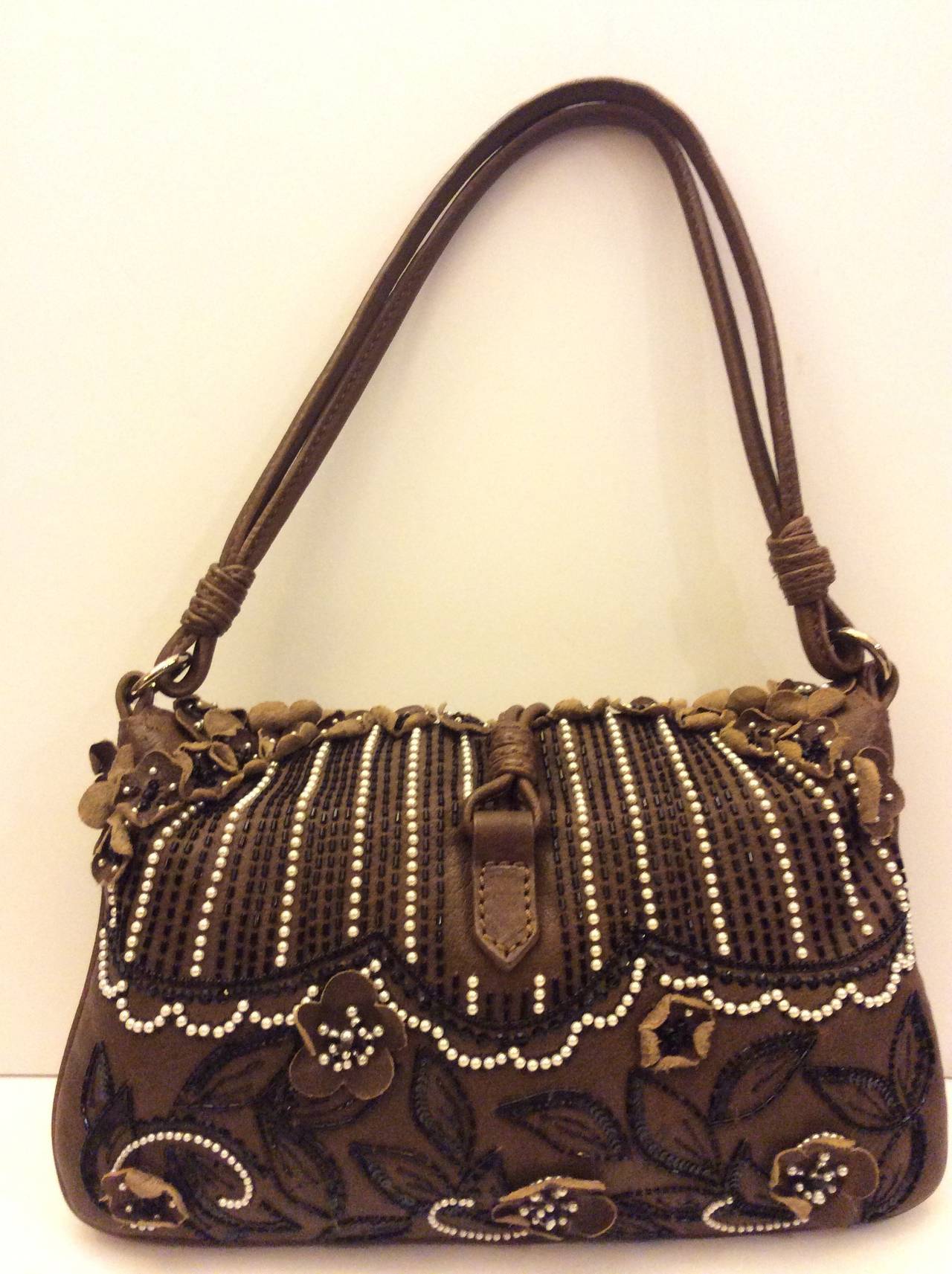 Women's Valentino Garavani Brown Leather Pearl & Beaded Evening Handbag For Sale