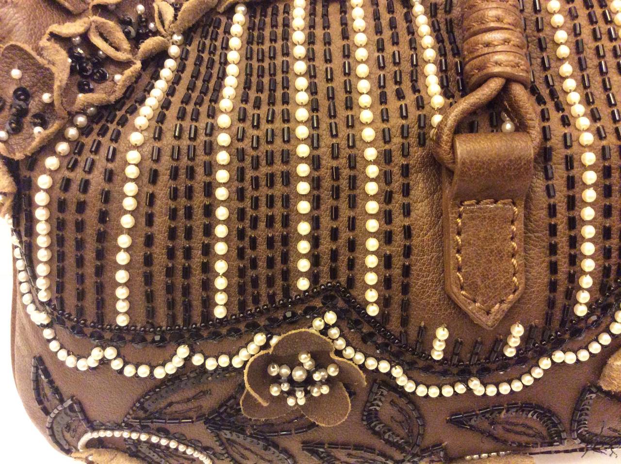 Valentino Garavani Brown Leather Pearl & Beaded Evening Handbag For Sale 1