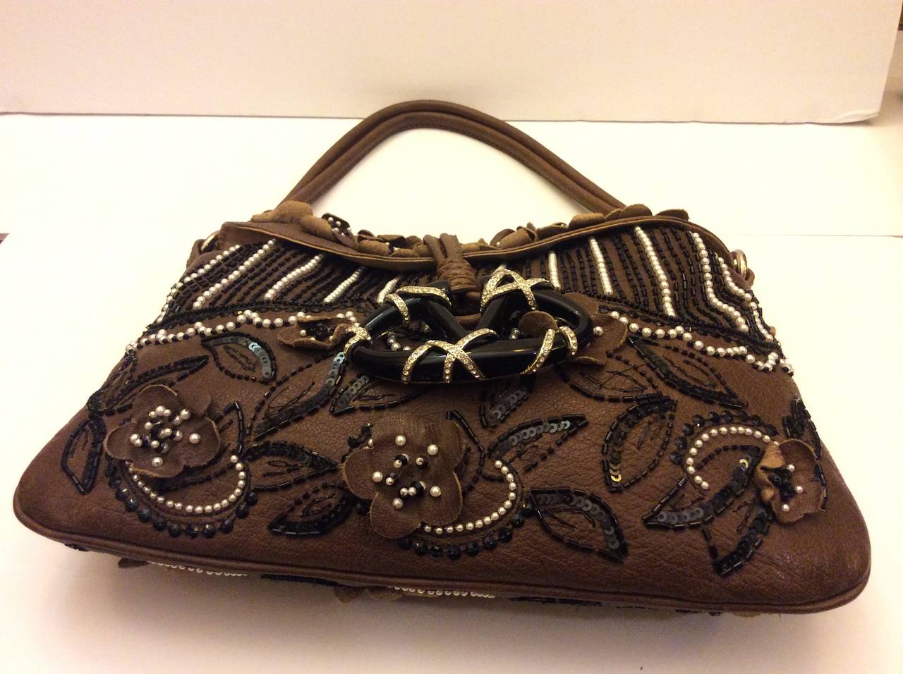 Valentino Garavani Brown Leather Pearl & Beaded Evening Handbag For Sale 2
