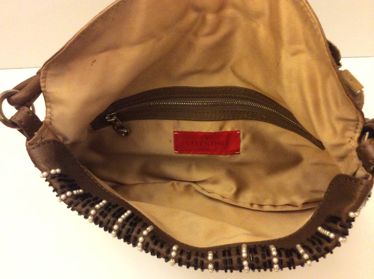 Valentino Garavani Brown Leather Pearl & Beaded Evening Handbag For Sale 3