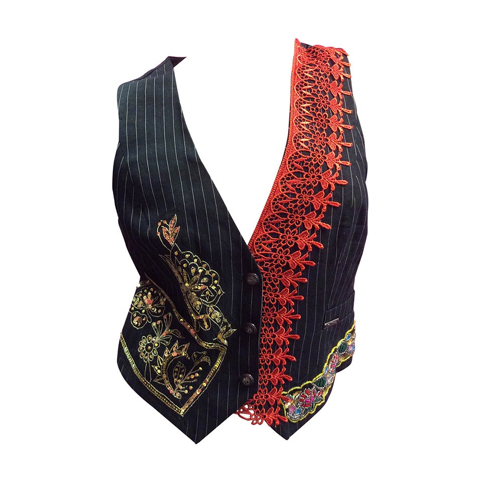 John Galliano Rare Embellished Sequins Embroidered Pin Stripe Vest For Sale