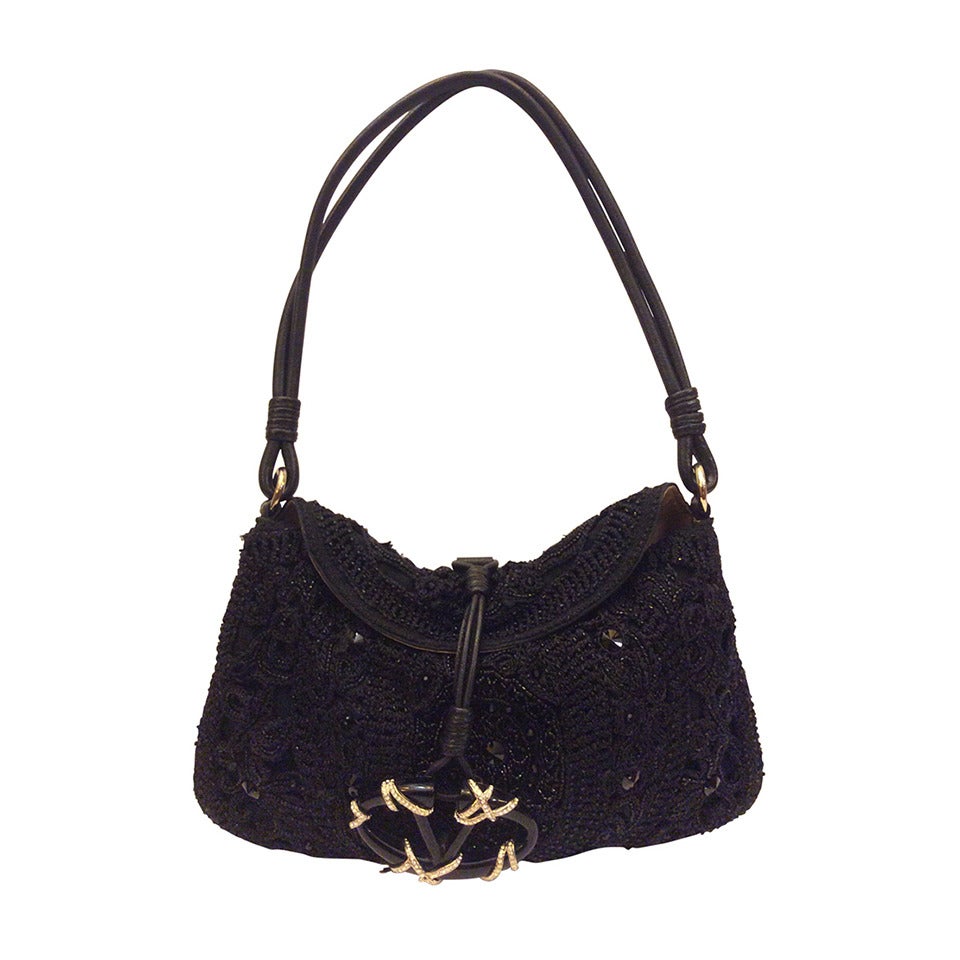 Valentino Garavani Black Silk Crochet Beaded & Crystal Stunning Evening Handbag For Sale