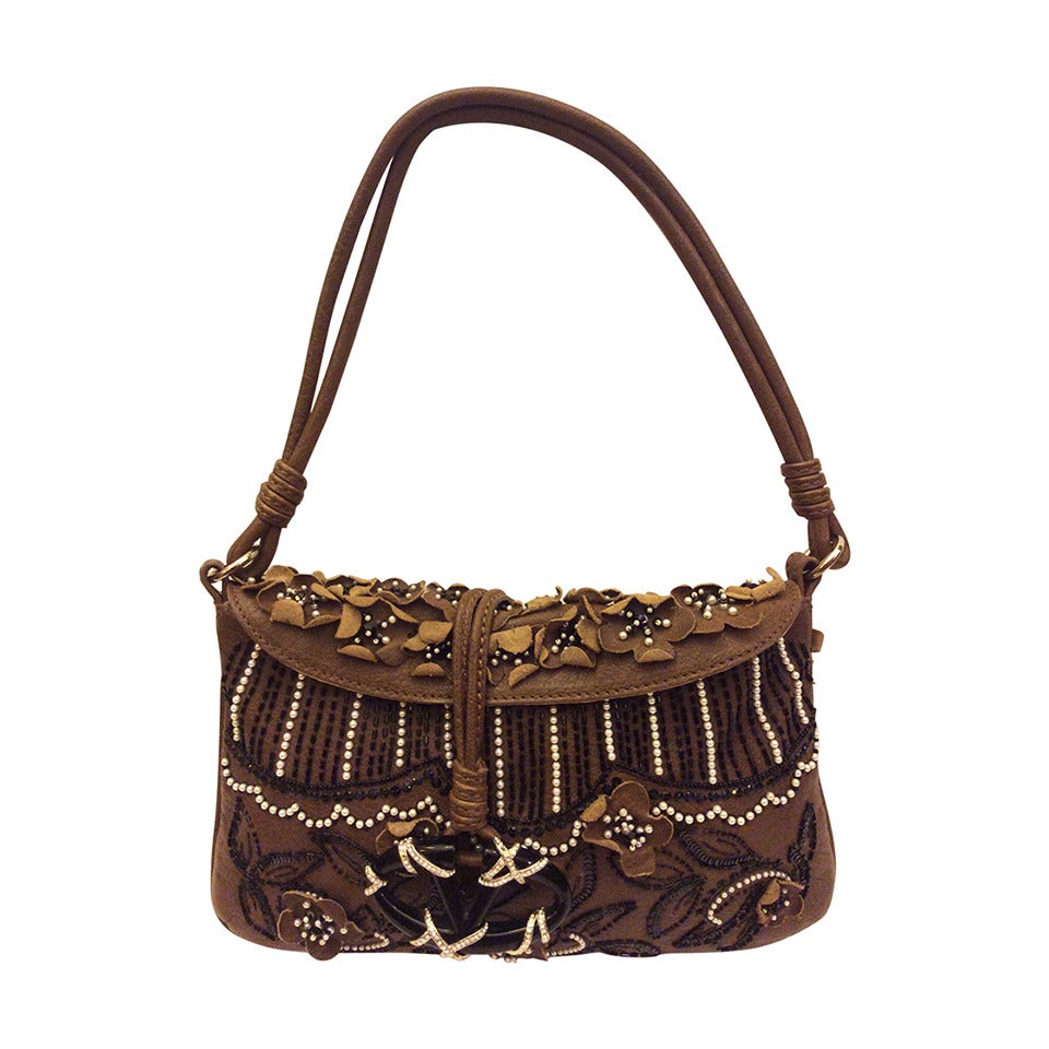 Valentino Garavani Brown Leather Pearl & Beaded Evening Handbag For Sale