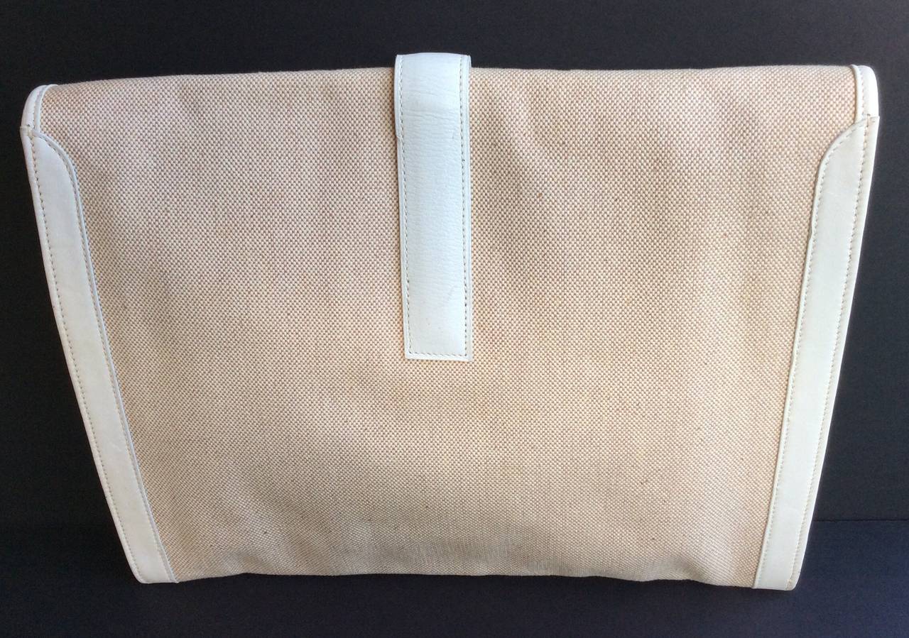 Hermes Paris Jige GM Canvas & White Leather Clutch
