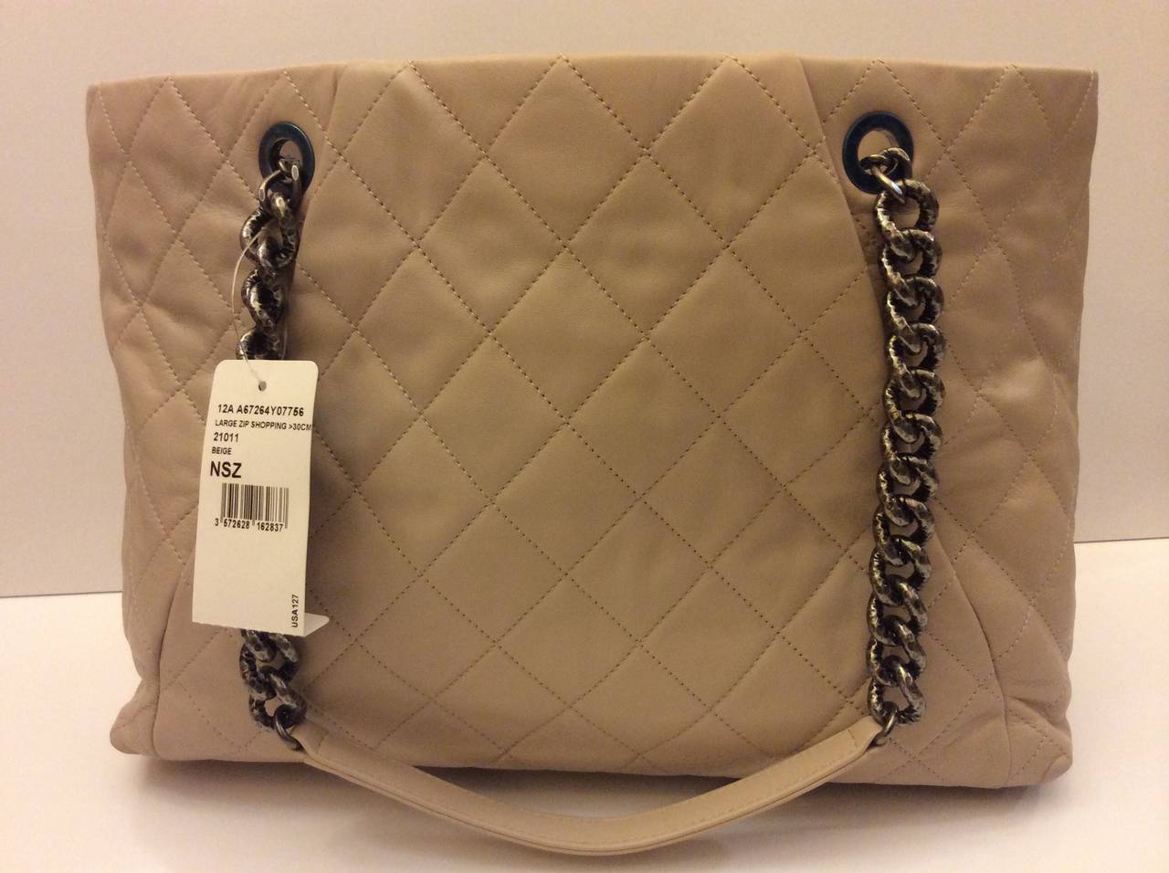 New Chanel 12A  Beige Quilted Large Zip Shopping Tote 30CM 1