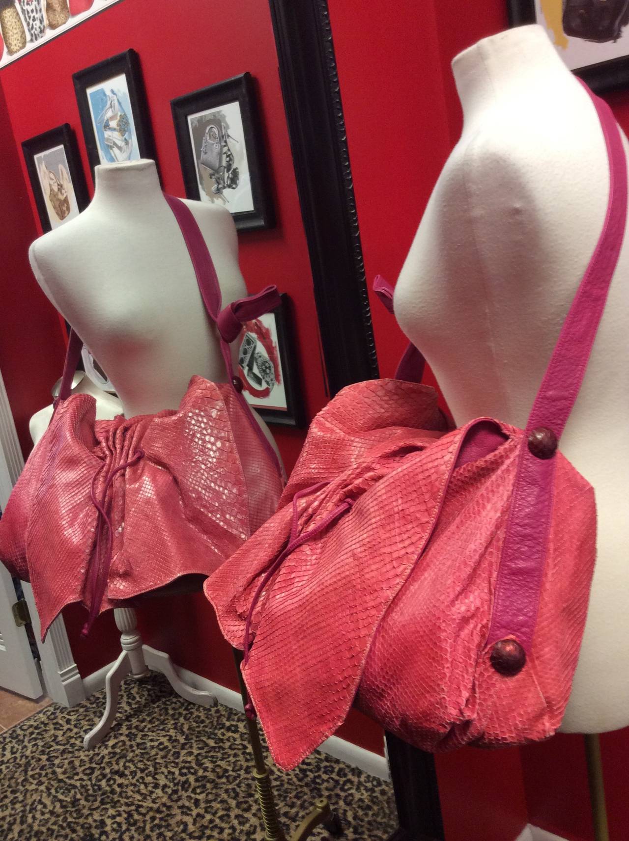 Women's Vintage Gigantic Carlos Falchi Pink Python Snakeskin Flap Crossbody Handbag For Sale