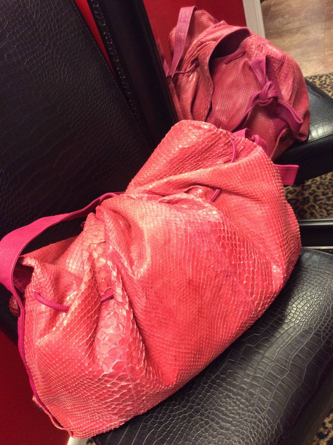 Vintage Gigantic Carlos Falchi Pink Python Snakeskin Flap Crossbody Handbag For Sale 1