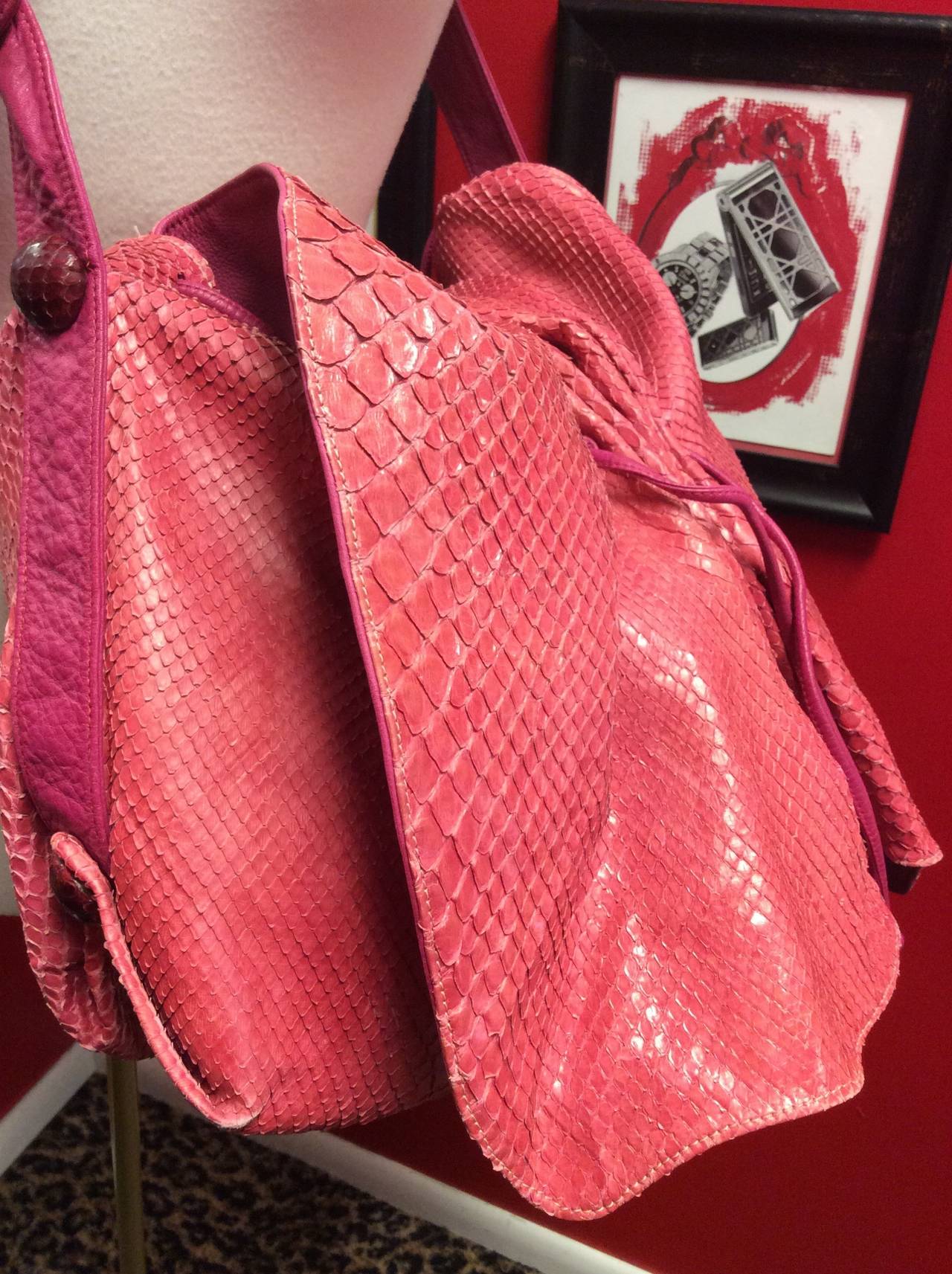 Vintage Gigantic Carlos Falchi Pink Python Snakeskin Flap Crossbody Handbag For Sale 4