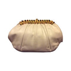 Judith Leiber White Snakeskin Handbag with Gold Hardware Multi Color Cabochons