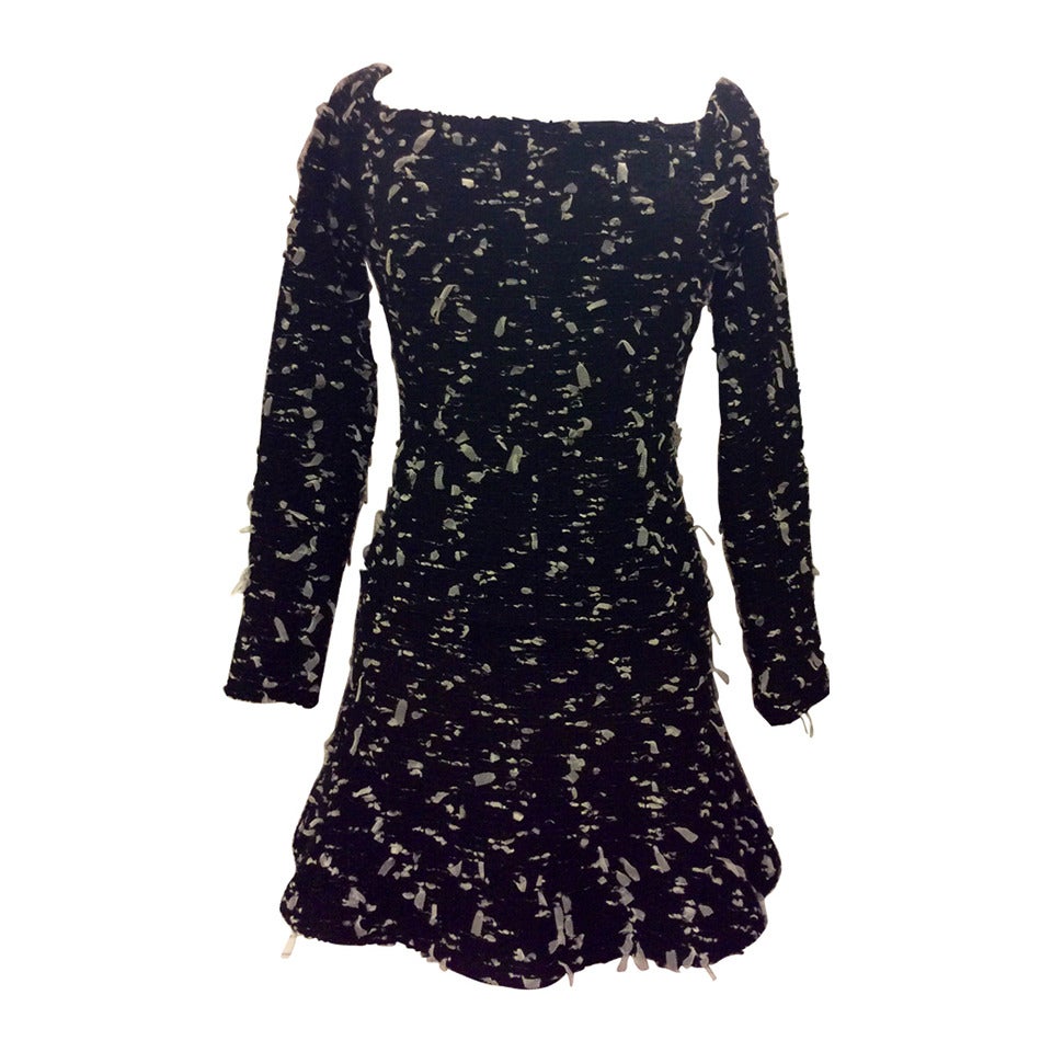 Chanel 02A Tulle Confetti Tweed Long Sleeve Off Shoulders Mini Wool Dress sz 38 For Sale
