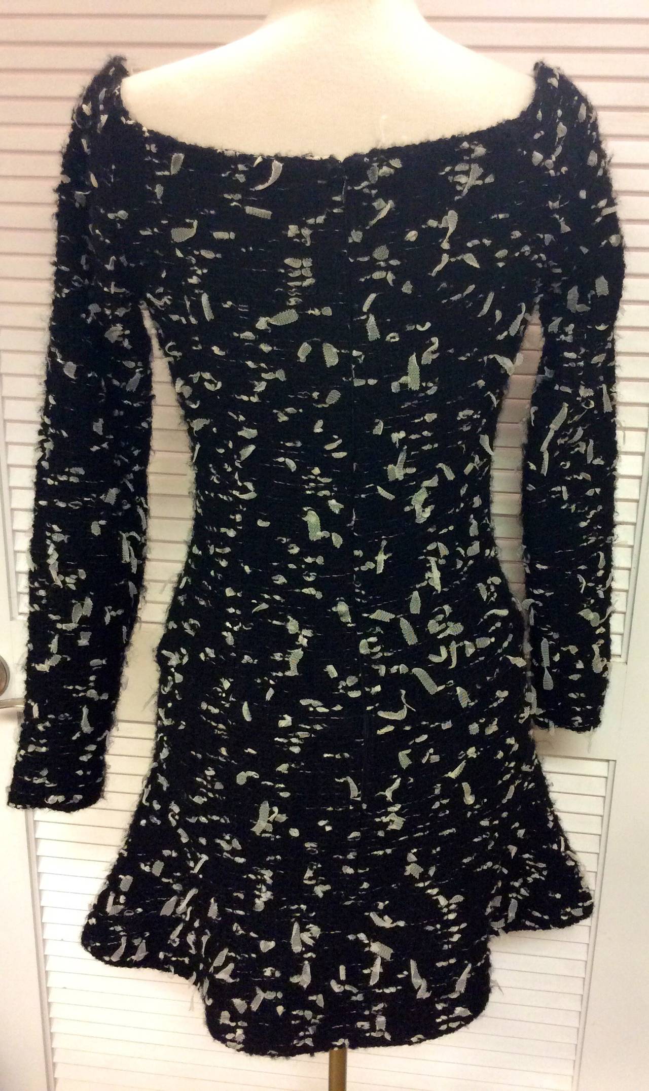 Chanel 02A Tulle Confetti Tweed Long Sleeve Off Shoulders Mini Wool Dress sz 38 For Sale 2