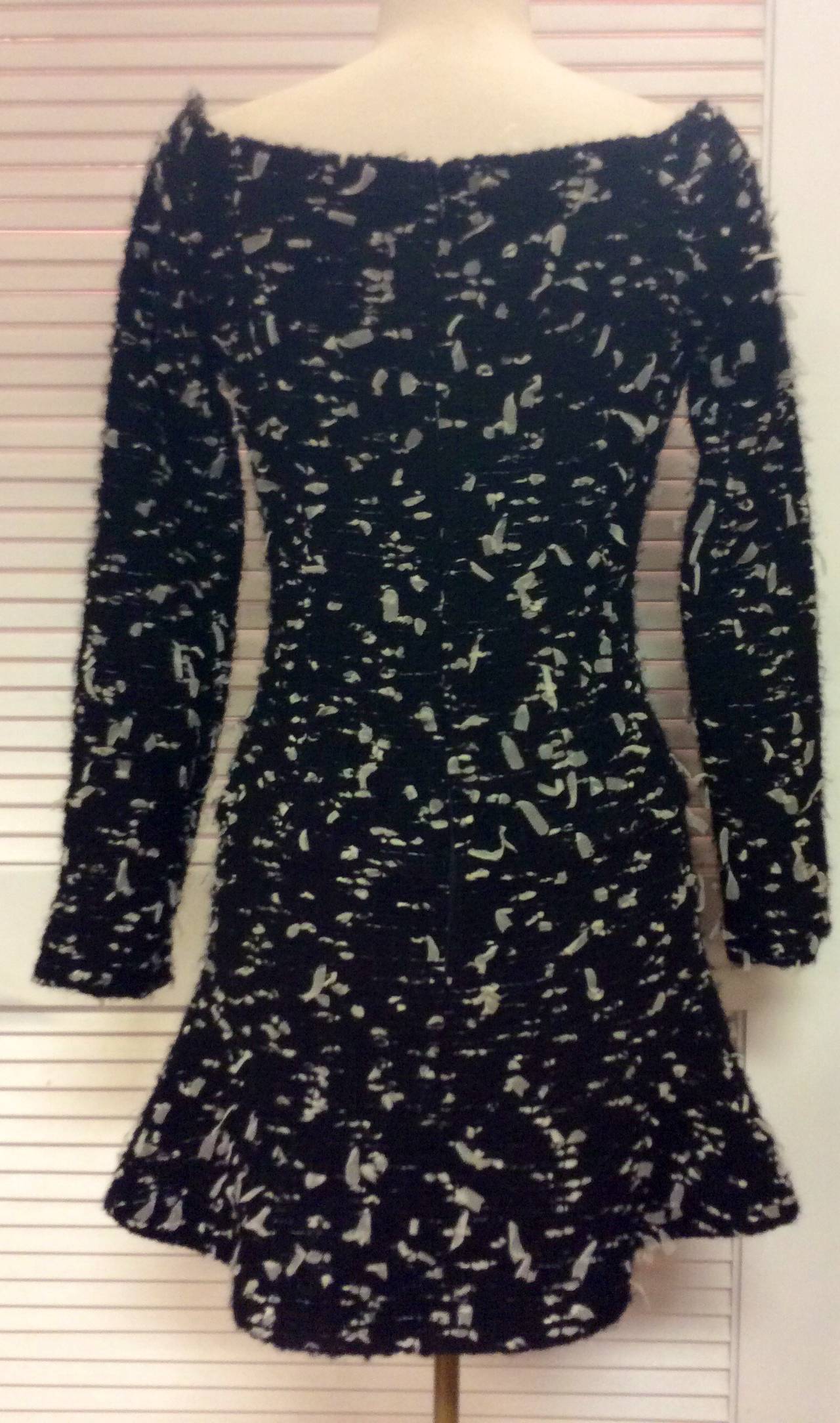 Chanel 02A Tulle Confetti Tweed Long Sleeve Off Shoulders Mini Wool Dress sz 38 For Sale 3