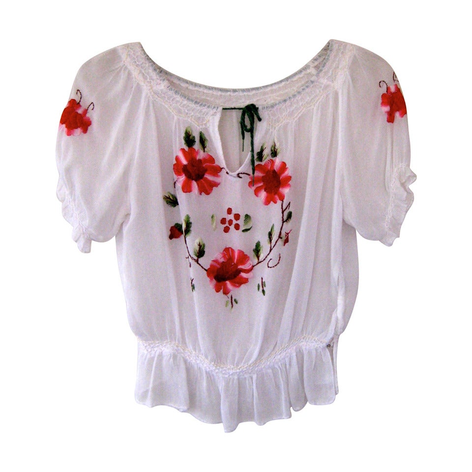 1930s Hand Embroidered Crepe Peasant Blouse For Sale