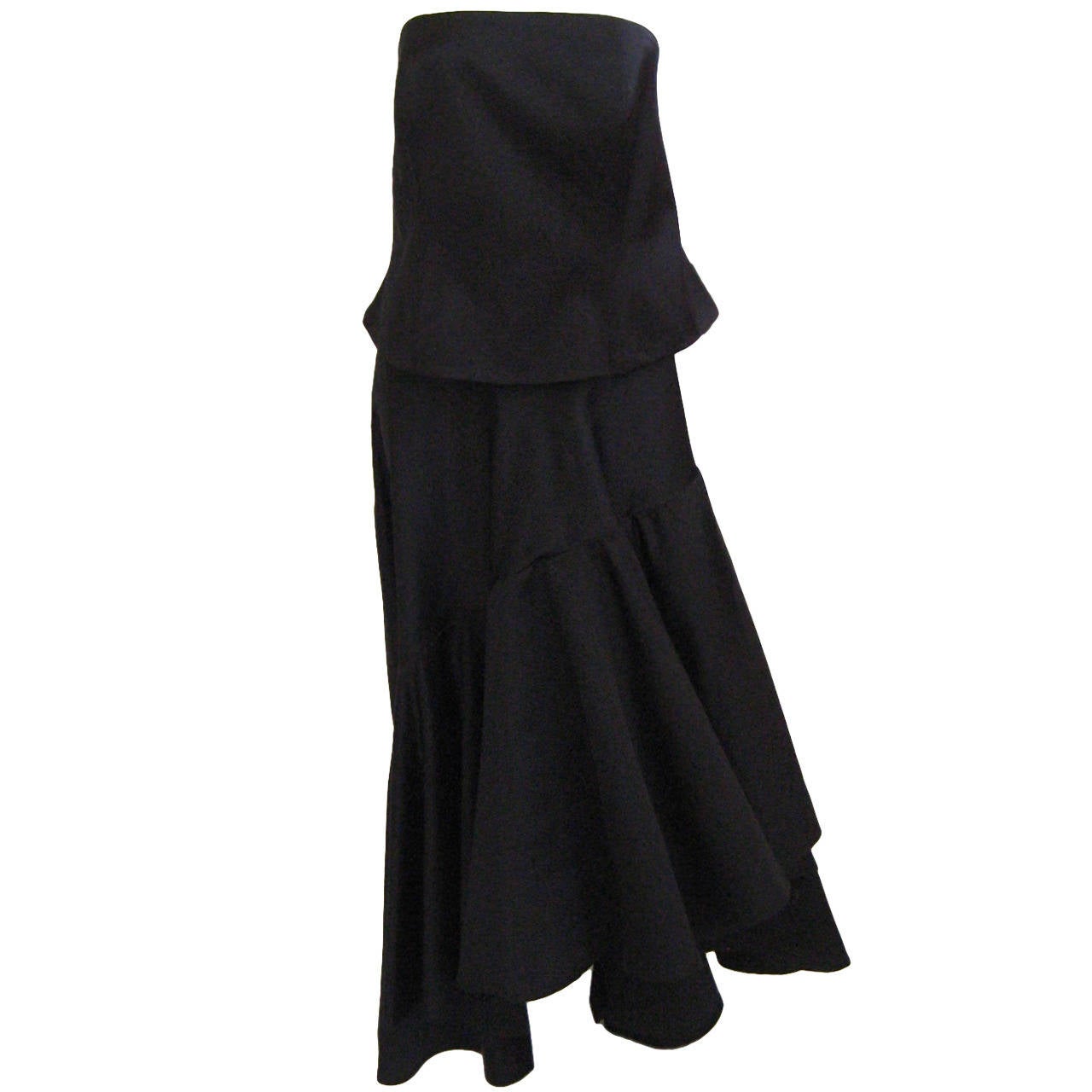 1960s Adolfo Strapless Black Silk Evening Ensemble