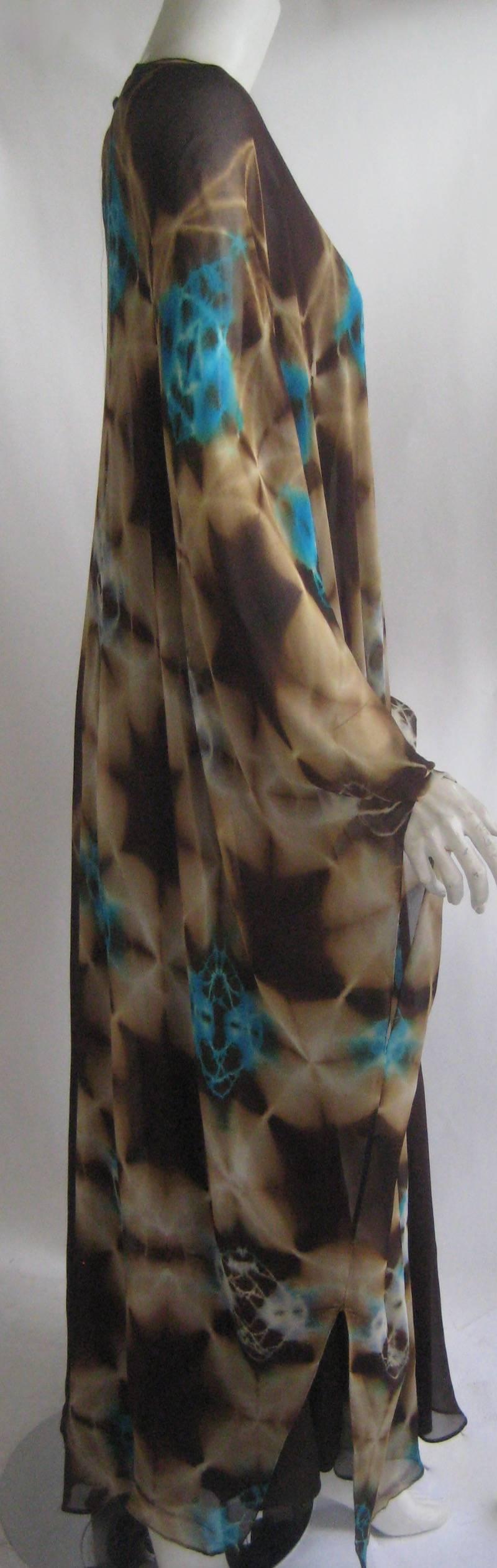 Black 1972 Halston Tie Dye Silk Chiffon Caftan with Matching Under Dress