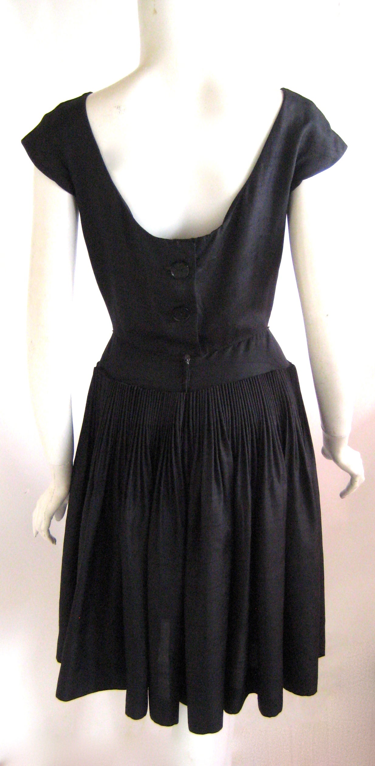 1950s Harvey Berin Black Silk Cartridge Pleat Cocktail Dress In Excellent Condition In Chicago, IL