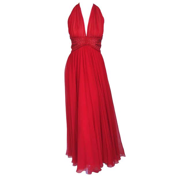 1960s Alice Gumbiner Silk Chiffon Halter Evening Gown at 1stDibs