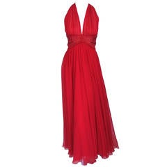 1960s Alice Gumbiner Silk Chiffon Halter Evening Gown