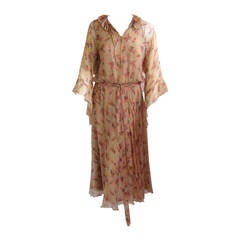 1970s Anna Weatherly Silk Chiffon Flutter Dress with Matching Wrap