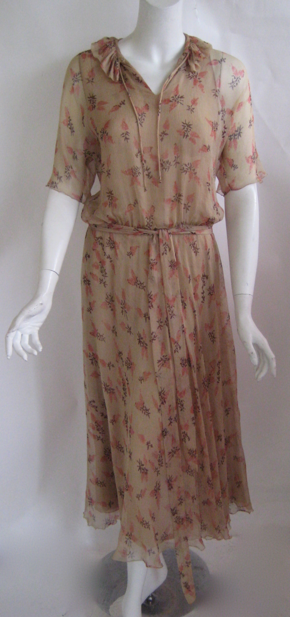 1970s Anna Weatherly Silk Chiffon Flutter Dress with Matching Wrap