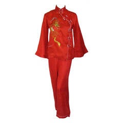 Mid Century Embroidered Silk Chinese Lounging Pajamas