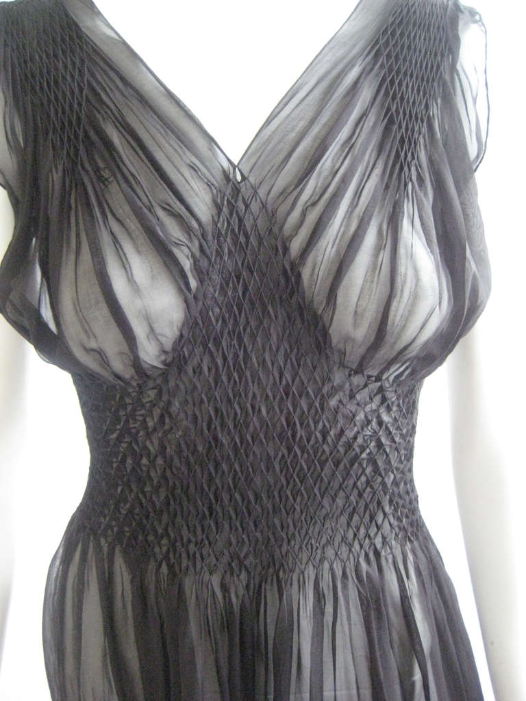 1940s Hand Smocked Sheer Rayon Slip Dress In Excellent Condition In Chicago, IL