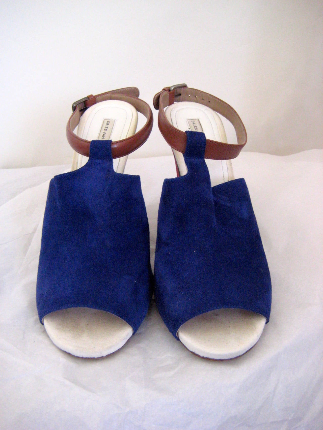 Dries Van Noten Silk Floral Blue Suede Platform Sandals 2