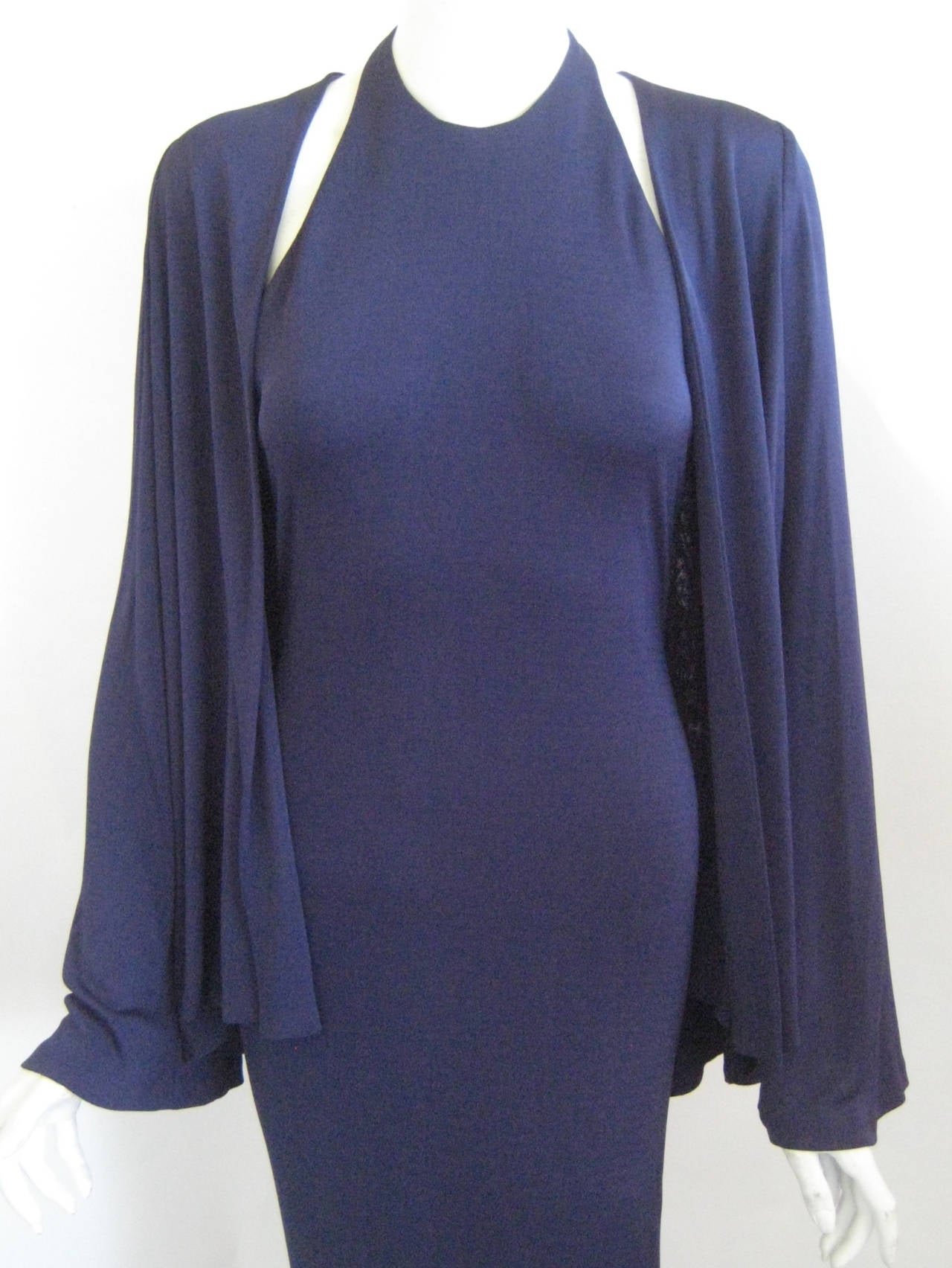 1970s Halston Silk Jersey Halter Gown in Deep Blue with Matching Jacket In Excellent Condition For Sale In Chicago, IL