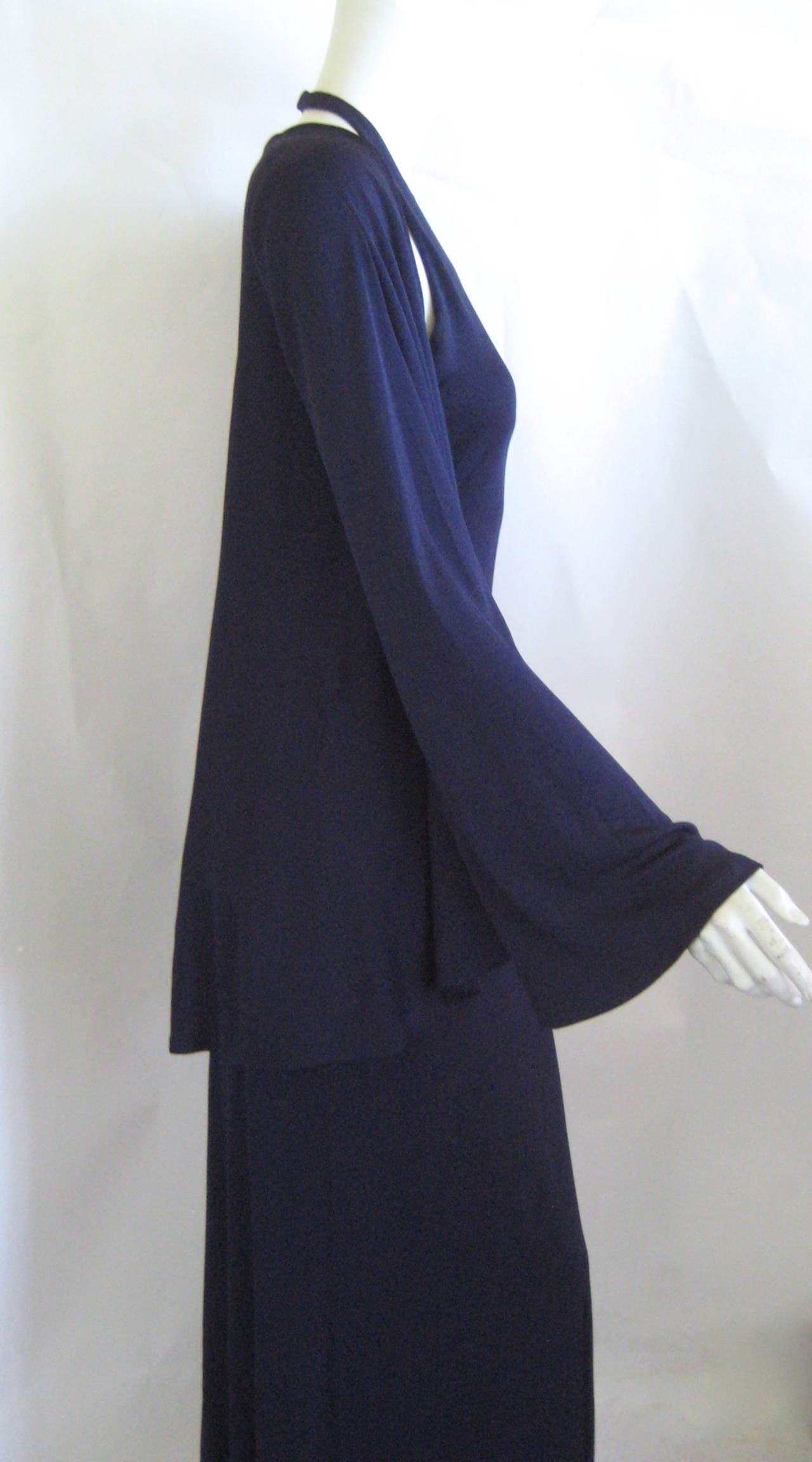1970s Halston Silk Jersey Halter Gown in Deep Blue with Matching Jacket For Sale 5