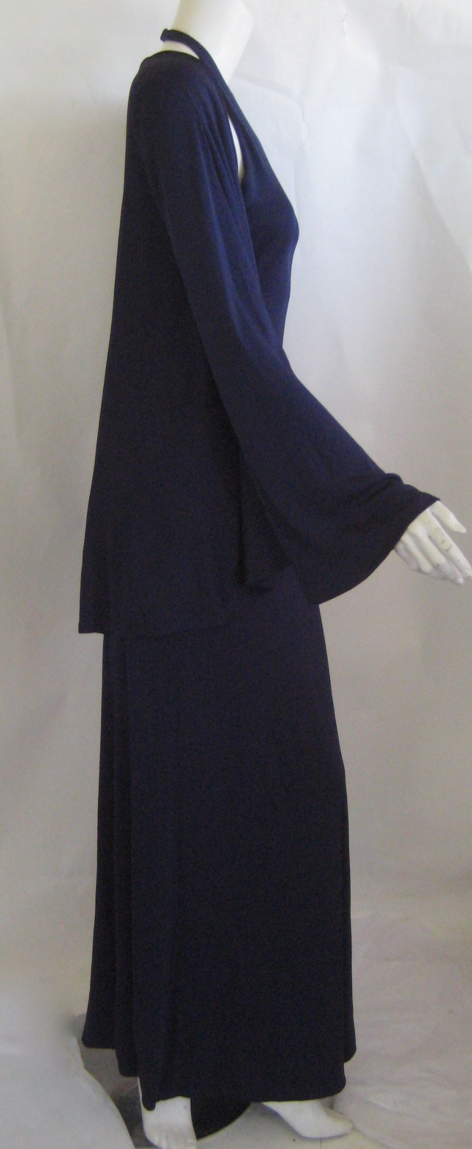 1970s Halston Silk Jersey Halter Gown in Deep Blue with Matching Jacket For Sale 1