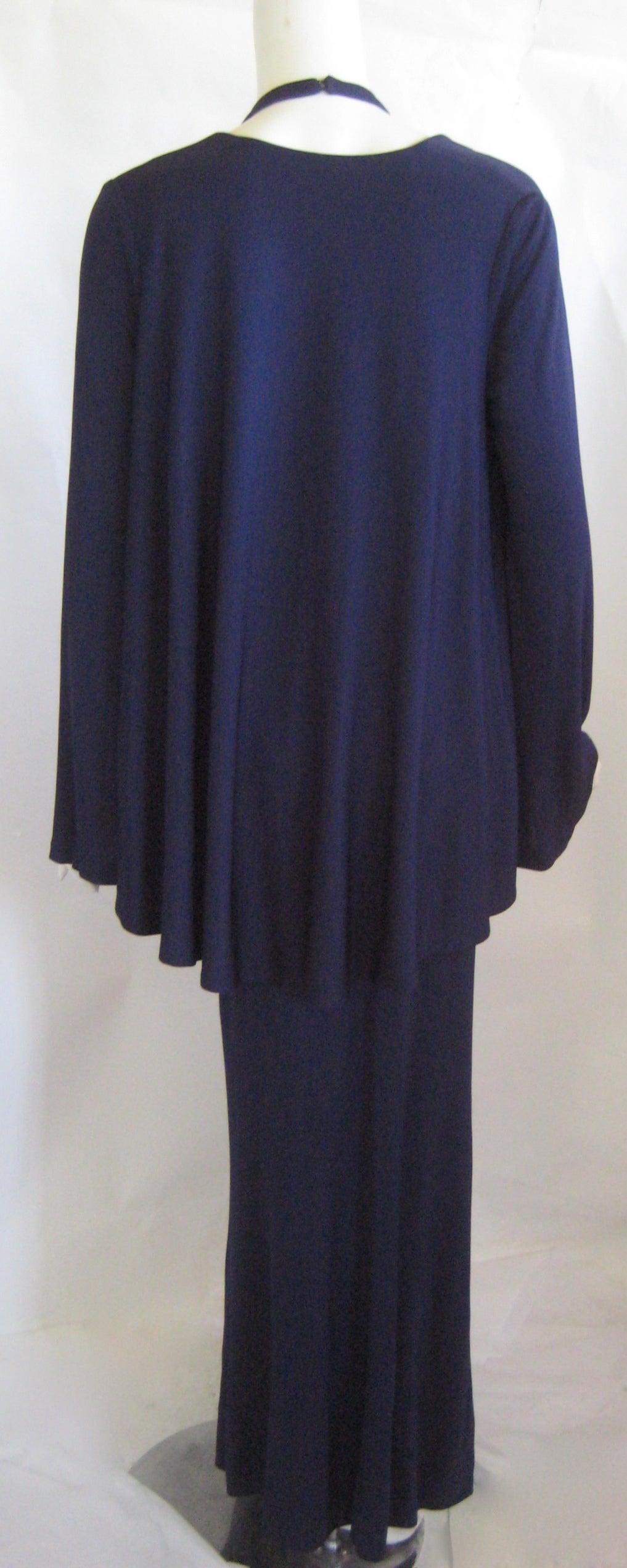 Women's 1970s Halston Silk Jersey Halter Gown in Deep Blue with Matching Jacket For Sale