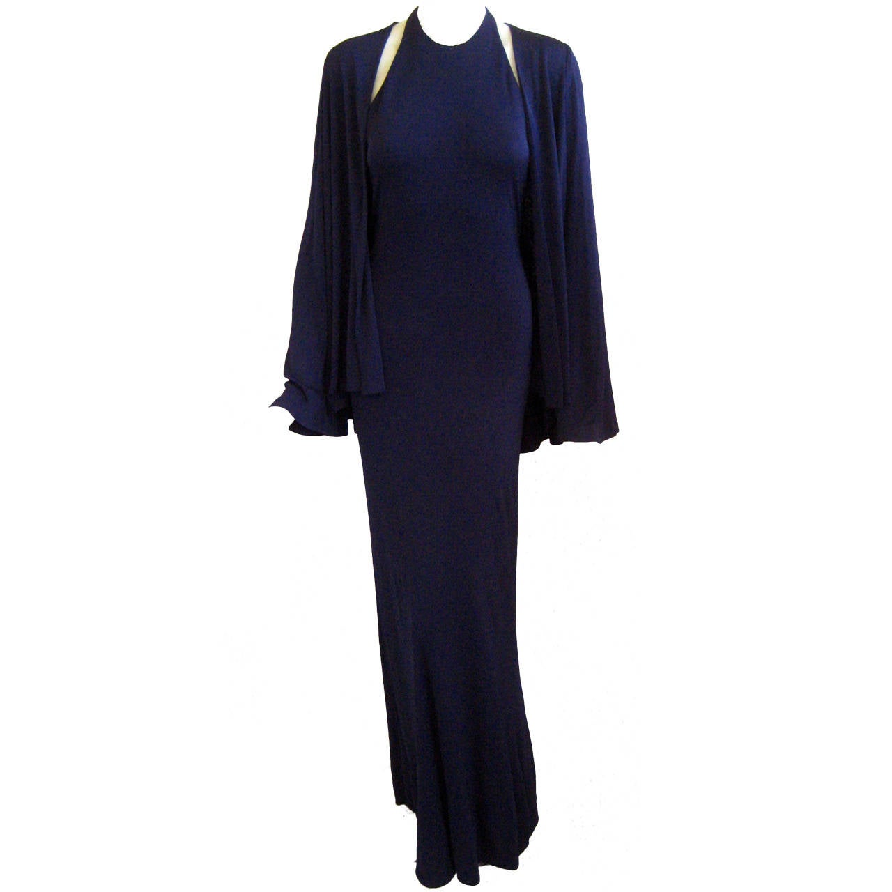 1970s Halston Silk Jersey Halter Gown in Deep Blue with Matching Jacket For Sale