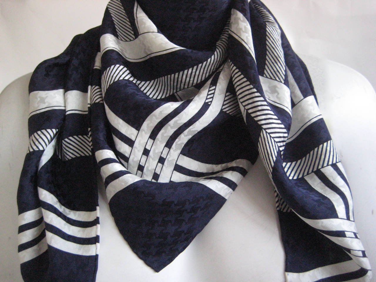 Women's Vintage Yves Saint Laurent Navy Bue And White Silk Scarf For Sale