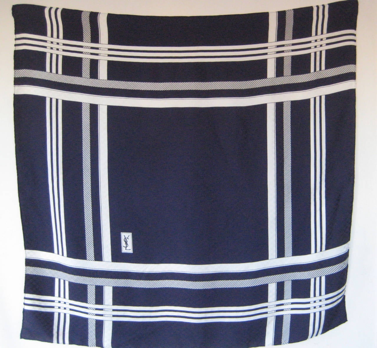 Vintage Yves Saint Laurent Navy Bue And White Silk Scarf In Excellent Condition For Sale In Chicago, IL