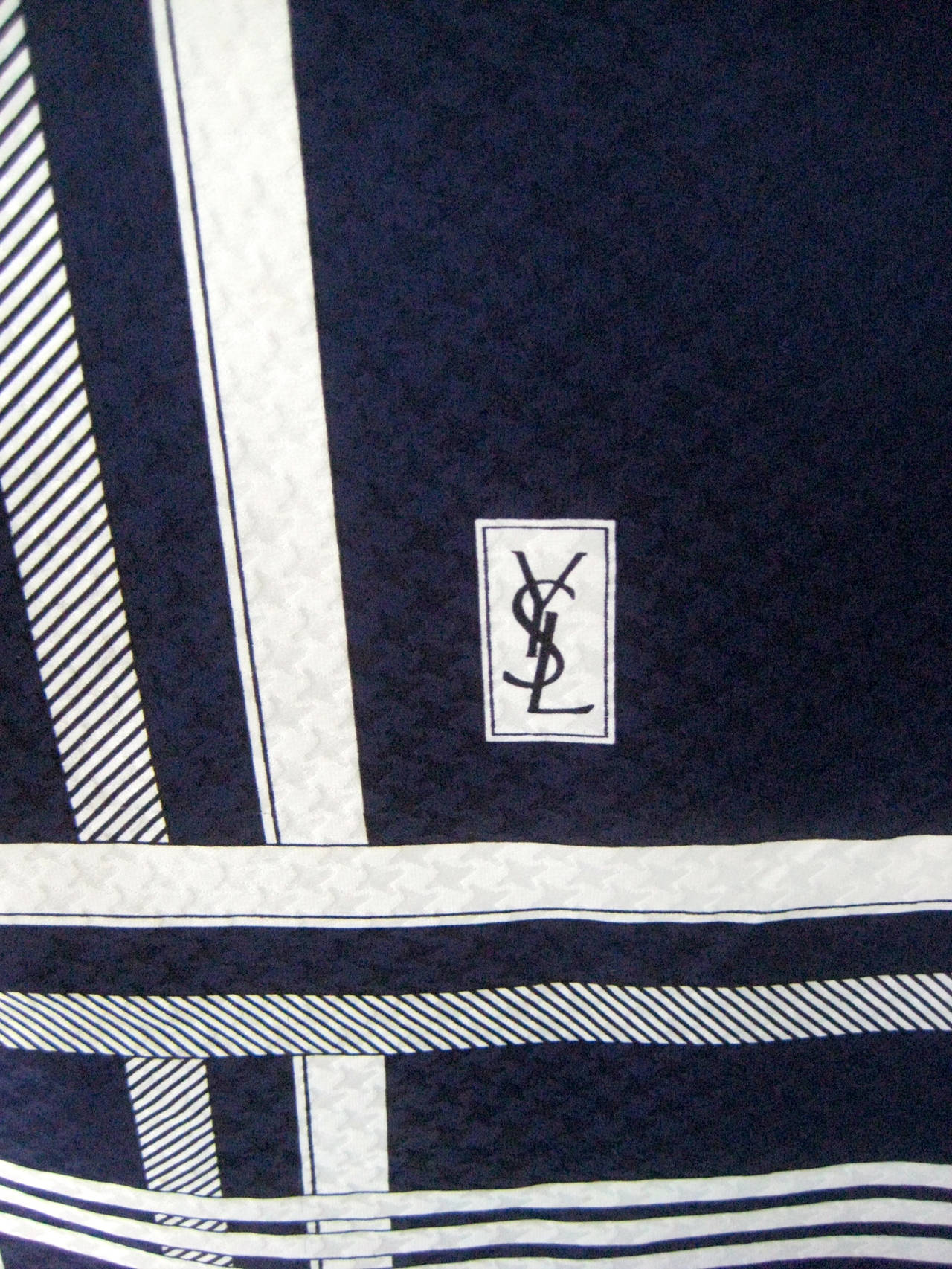 Vintage Yves Saint Laurent Navy Bue And White Silk Scarf For Sale 2