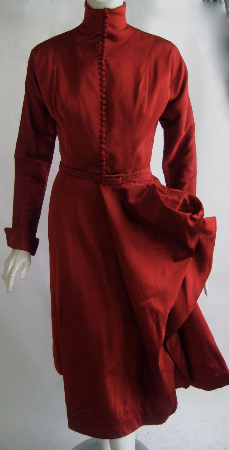 Women's 1950s Ceil Chapman Red Silk Sharkskin Sculptural Cocktail Dress