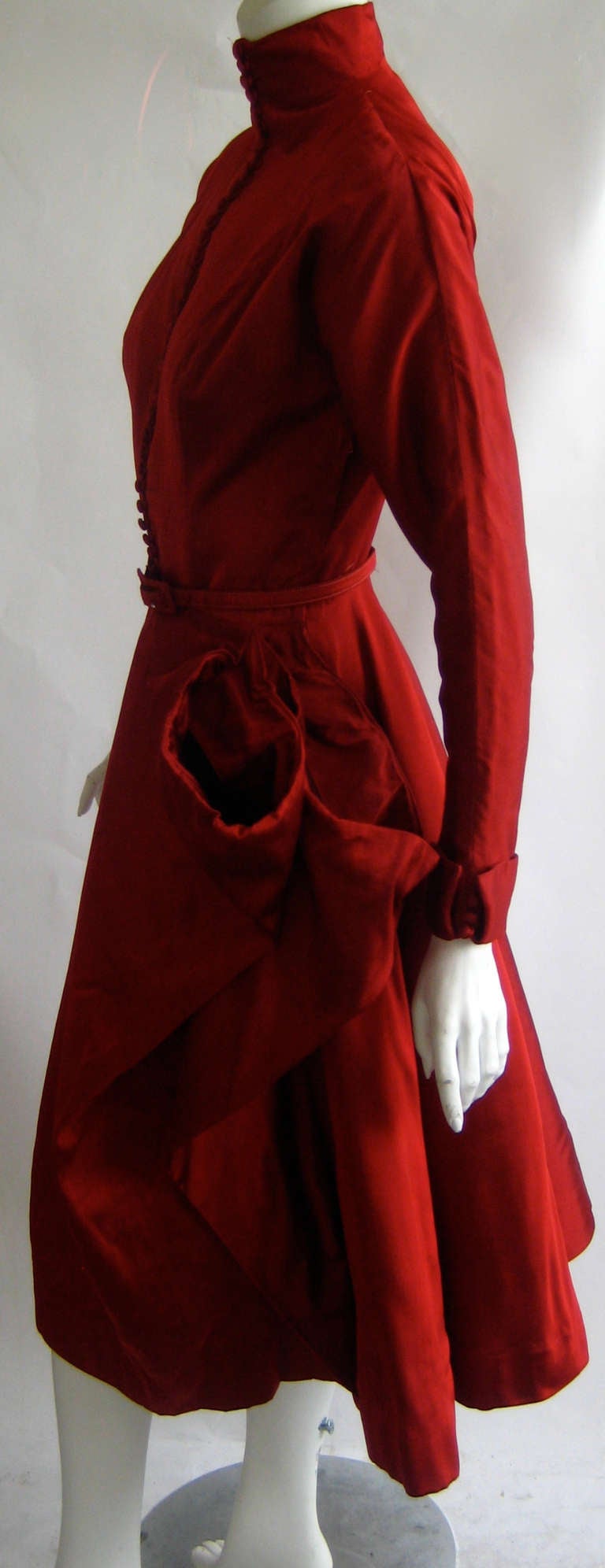 1950s Ceil Chapman Red Silk Sharkskin Sculptural Cocktail Dress 1