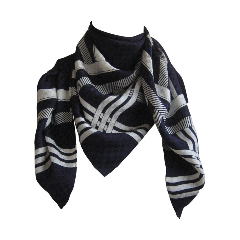 Vintage Yves Saint Laurent Navy Bue And White Silk Scarf For Sale