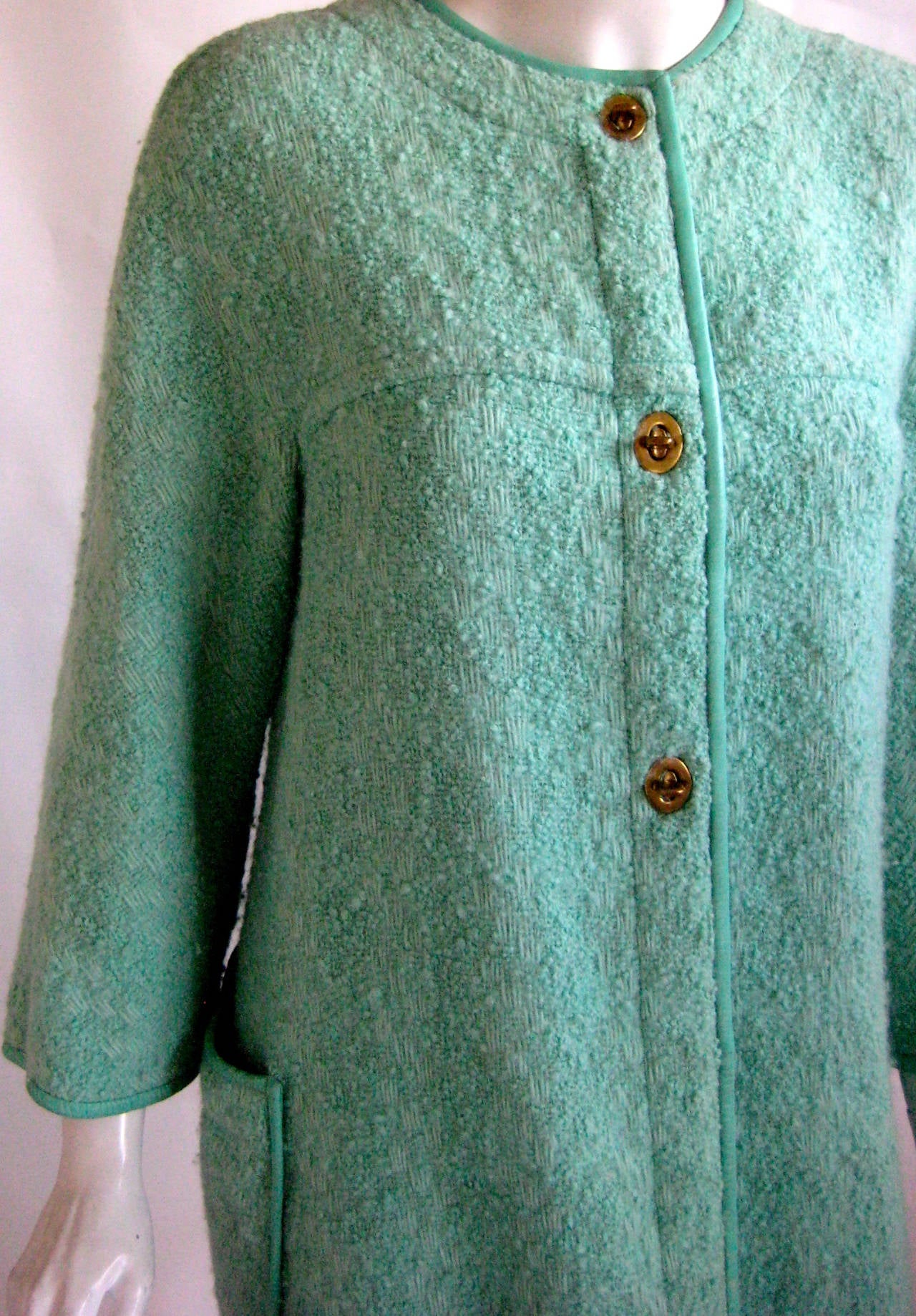 1960s Bonnie Cashin Aqua Boucle Wool Coat For Sale 2