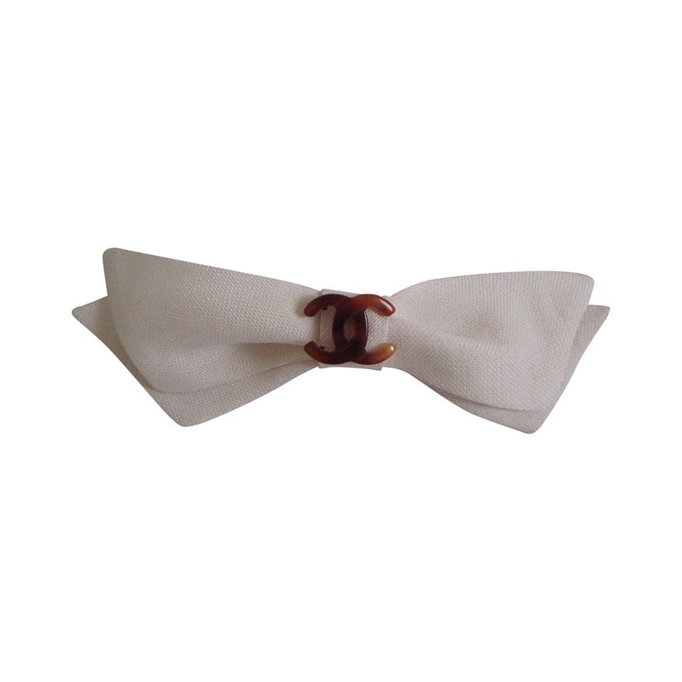 Chanel White Linen Hair Bow For Sale