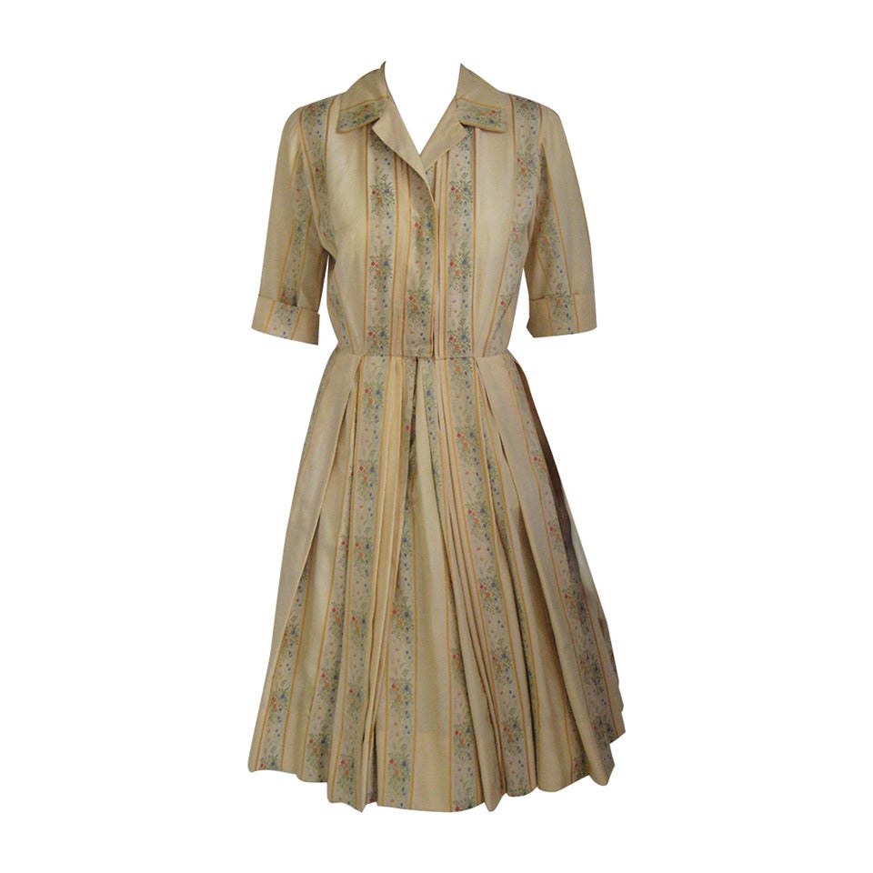 1950s Holly Hoelscher Pale Yellow Silk California Shirt Dress For Sale